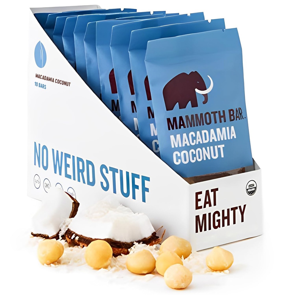 Mammoth Bar Macadamia 코코넛 바 - 10 유기 단백질 바 - 높은 섬유 • Paleo • 글루텐 무료 • 계란 단백질 • GMO 무료 • Raw • Premium Nuts • Prebiotic