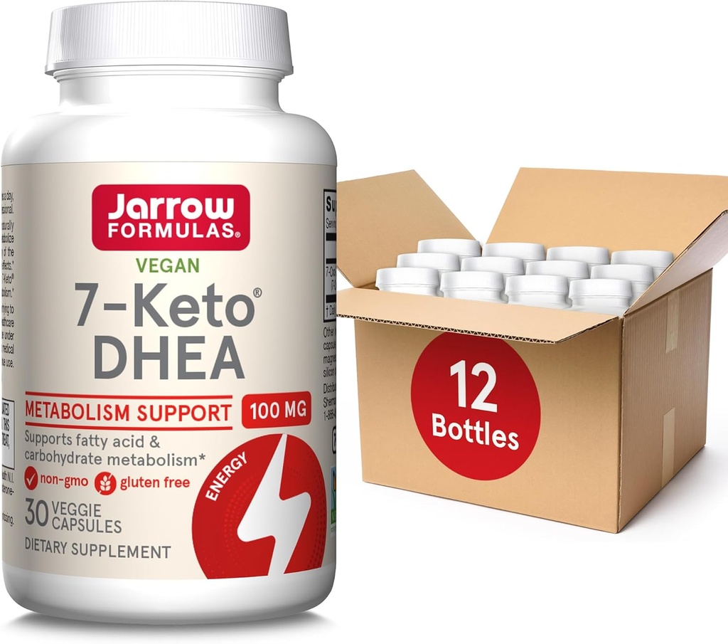 Jarrow Formulas 7-Keto DHEA 100 mg, 지방산 및 탄수화물 대사 지원, 30 Veggie 캡슐, 15-30 일 공급, 12 팩