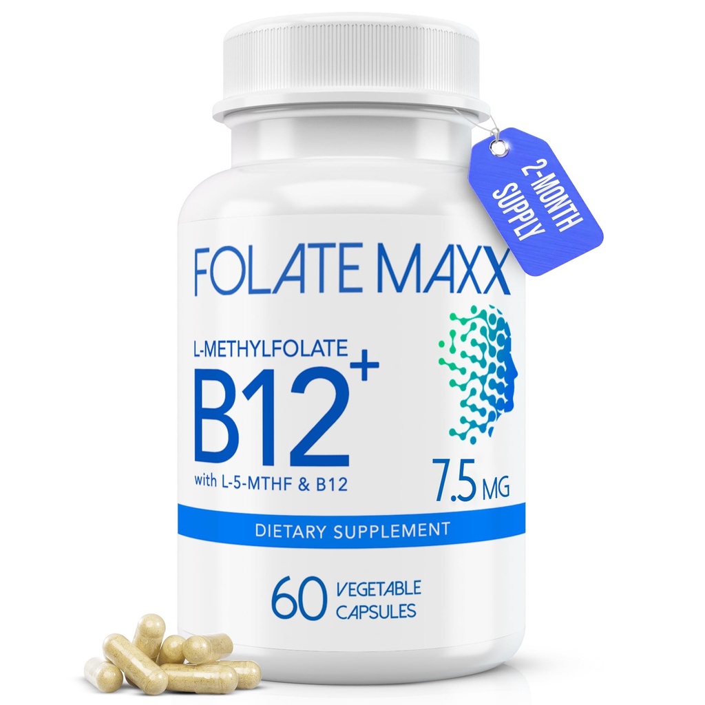L-Methylfolate + B12 Methylcobalamin 혼합 7.5mg - 60 캡슐 - 남자 & 여자를 위한 활동적인 Folic 산 & 메틸을 꿴 B12-5-MTHF & B12 보충교재 - 비 GMO, 글루텐 자유로운, 충전물 없음