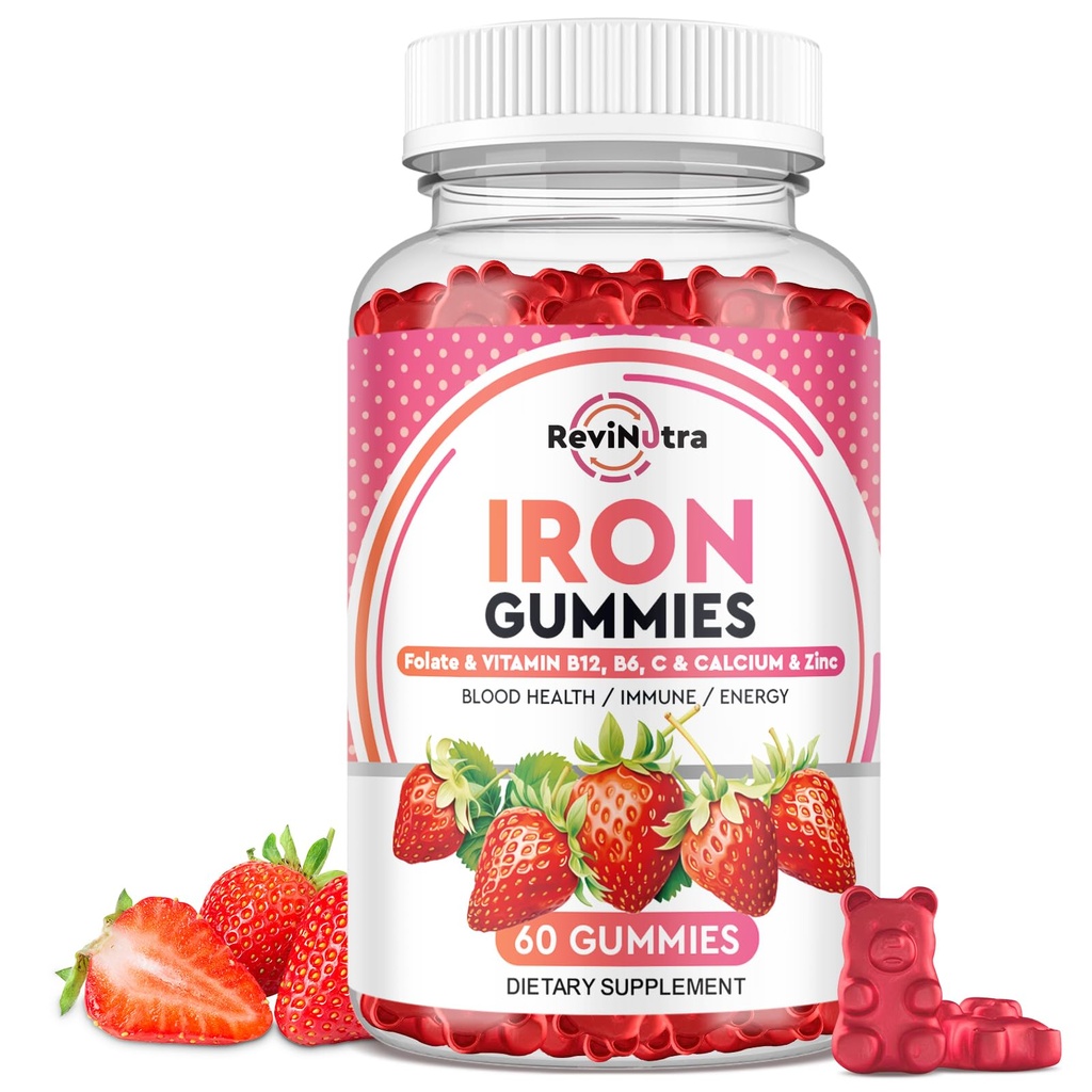 철 Gummies - 칼슘, 아연, Folate & 비타민 B12, C, B6 성인 & 아이 - 철 결핍, 빈혈, 빈혈을위한 혈액 빌더 및 에너지 지원 - 60 Gummies
