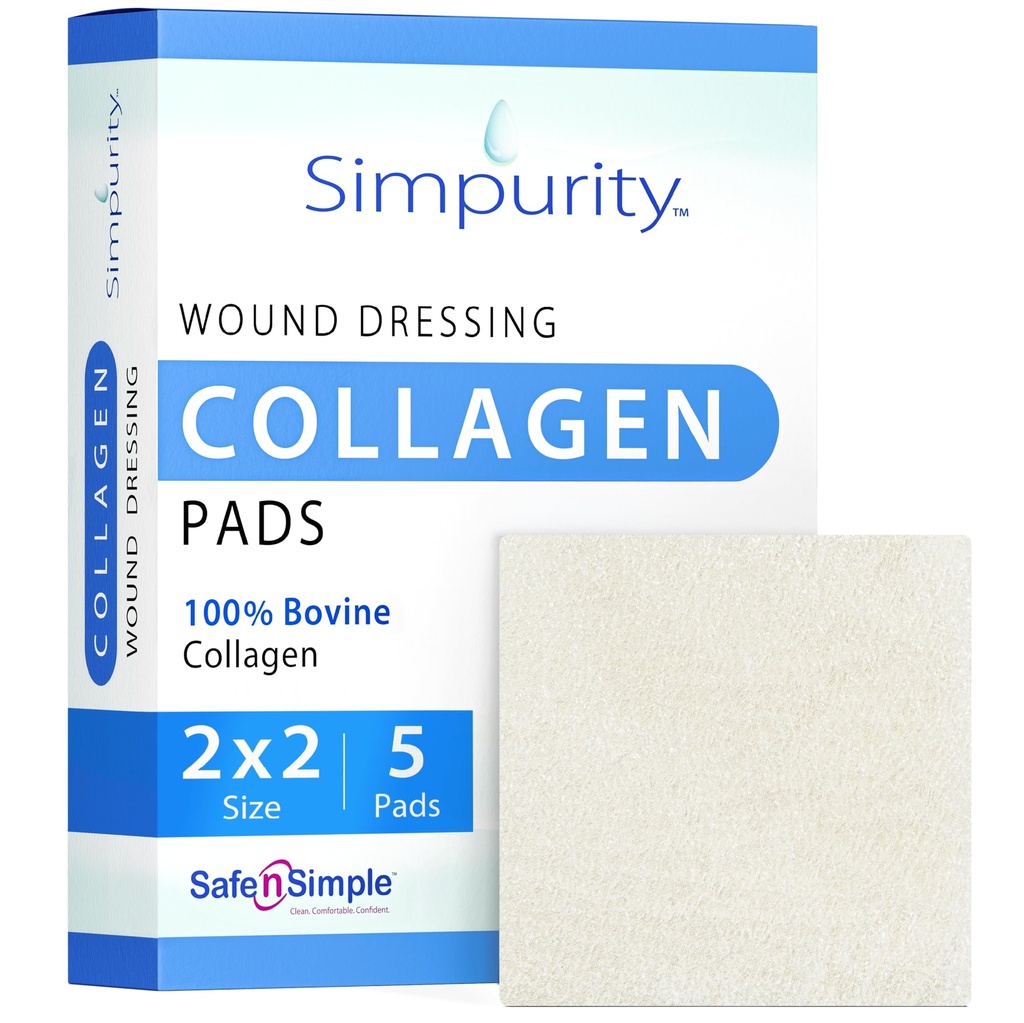 Collagen Dressing Pads - 2 "x 2"Wounds 용 5 카운트 콜라겐 패드 - 부상 치료를위한 비 숙련 된 콜라겐 드레스 - 안전 n ' 간단한 부상 치료 용품