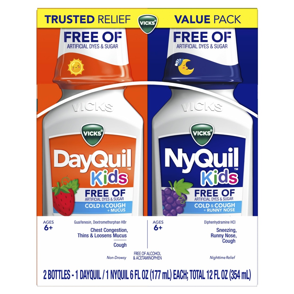 Vicks Kids DayQuil & NyQuil Cold & Cough Relief Liquid Co-Pack, 인공 염료 및 설탕, 기침, Sneezing, Runny Nose, Mucus 및 Chest Congestion, 6 +, 2x6oz