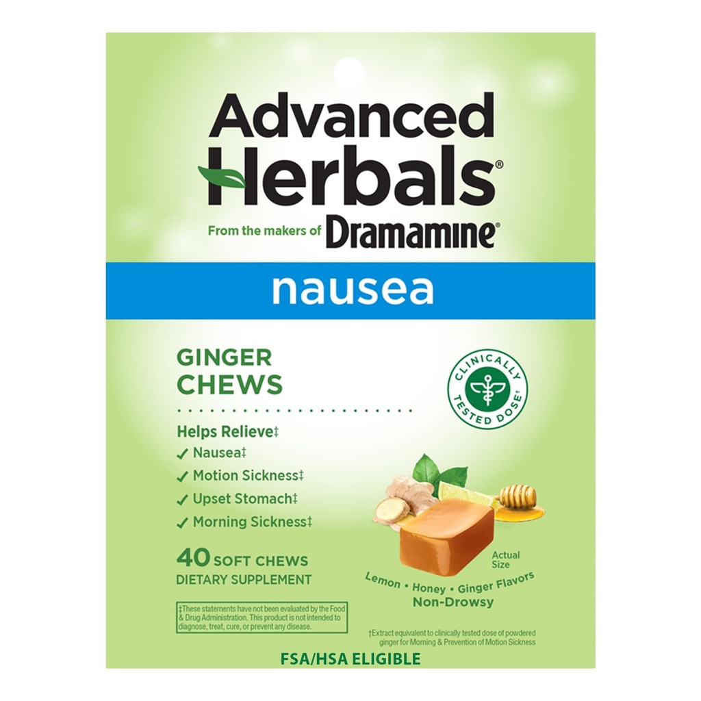 드라마민의 제작자, 고급 허브, 생강 체스, Nausea Relief Soft Chews Lemon-Honey-Ginger, 40 Count