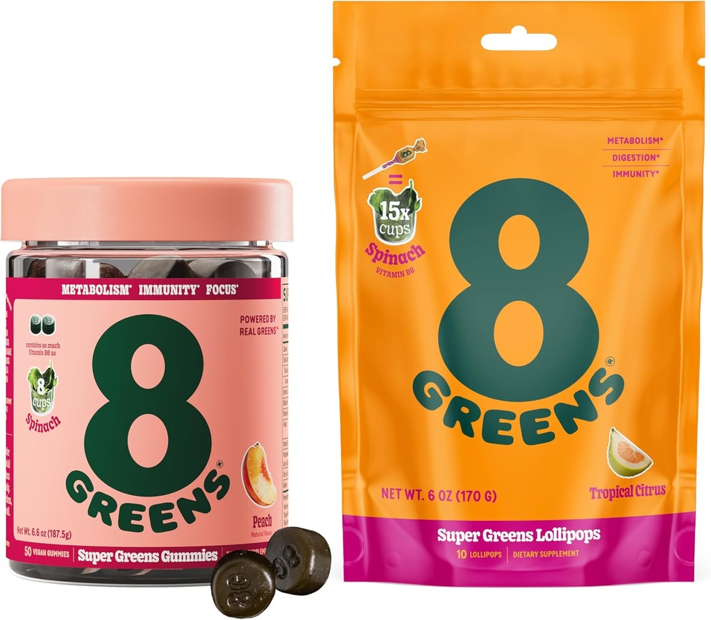 8Greens 매일 녹색 Gummies와 롤리팝, 에너지 & 면역 지원, 글루텐 자유로운, 비 GMO, 인공적인 색깔 & 풍미 없음