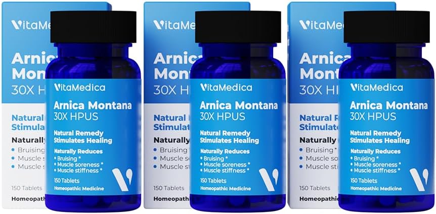 VitaMedica Arnica Montana 30X Homeopathic Tablets for Bruising Pain and Swelling | Plant Based Formula | Plastic Surgeons에 의해 추천 | 자연 회복 수술 또는 부상 | 3 팩 | 150 인분