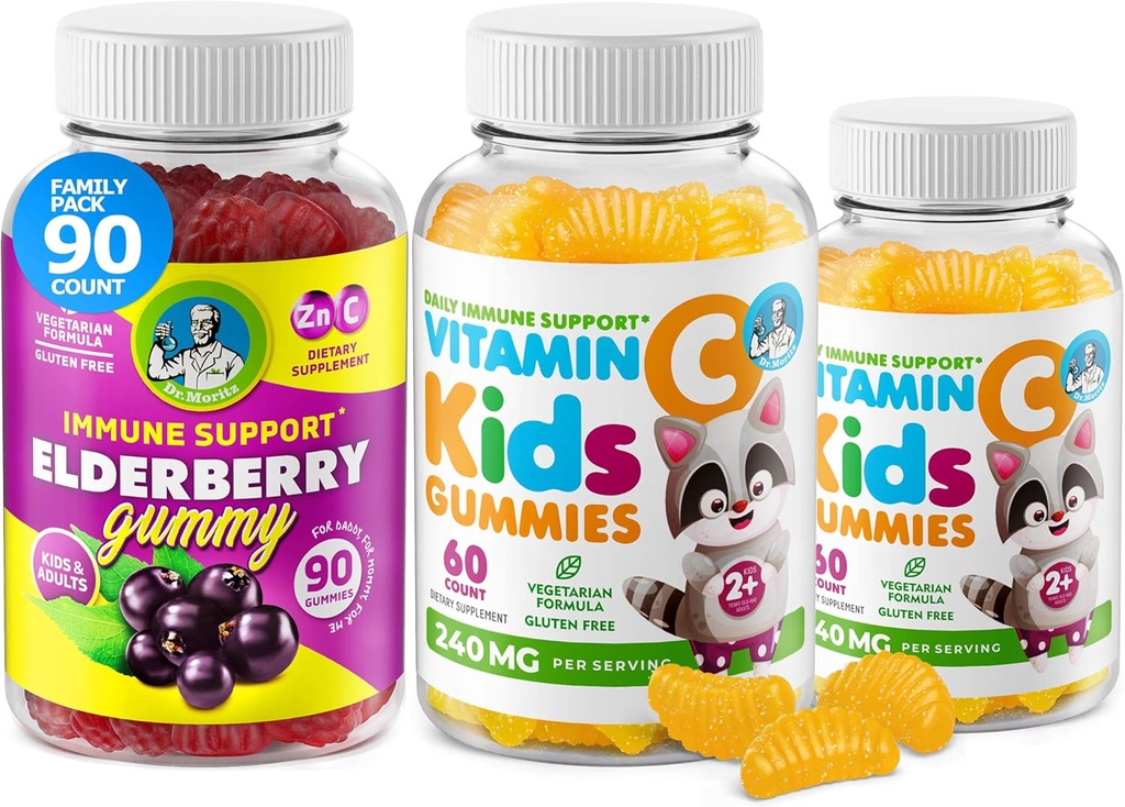 DR. MORITZ 비타민 C Gummies와 어린이와 성인을위한 Elderberry Gummies - 유아를위한 Immune 지원 낮은 수거 Chewable Gummy 비타민 - 채식 젤라틴 무료 어린이 다이어트 보충