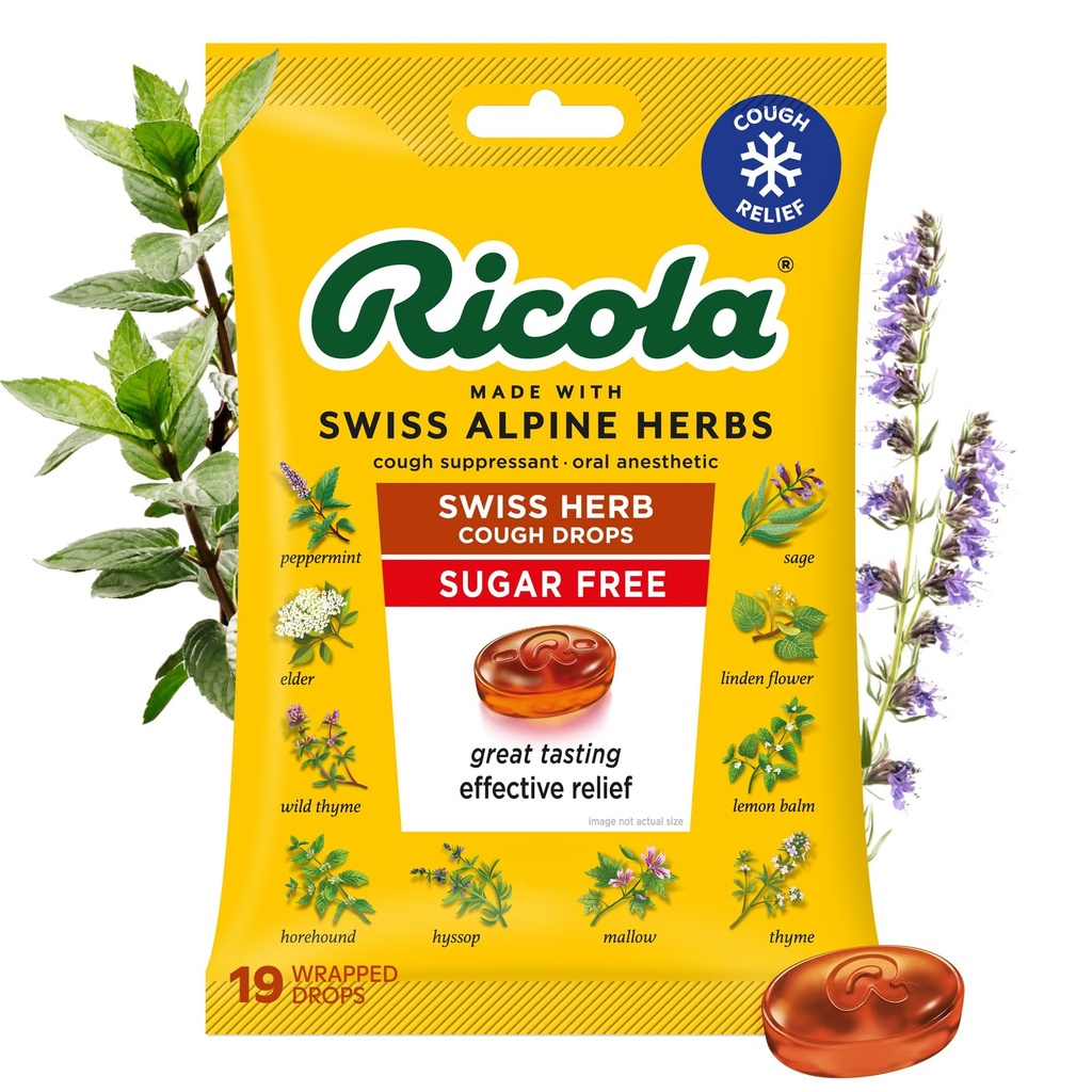 Ricola Sugar Free Swiss Herb Cough Drops, 19 Count, Cough Suppressant & Throat Relieving Drops with Naturally Sourced Menthol, Coughs & Throat Irritation Symptom의 주름 잡는 맛
