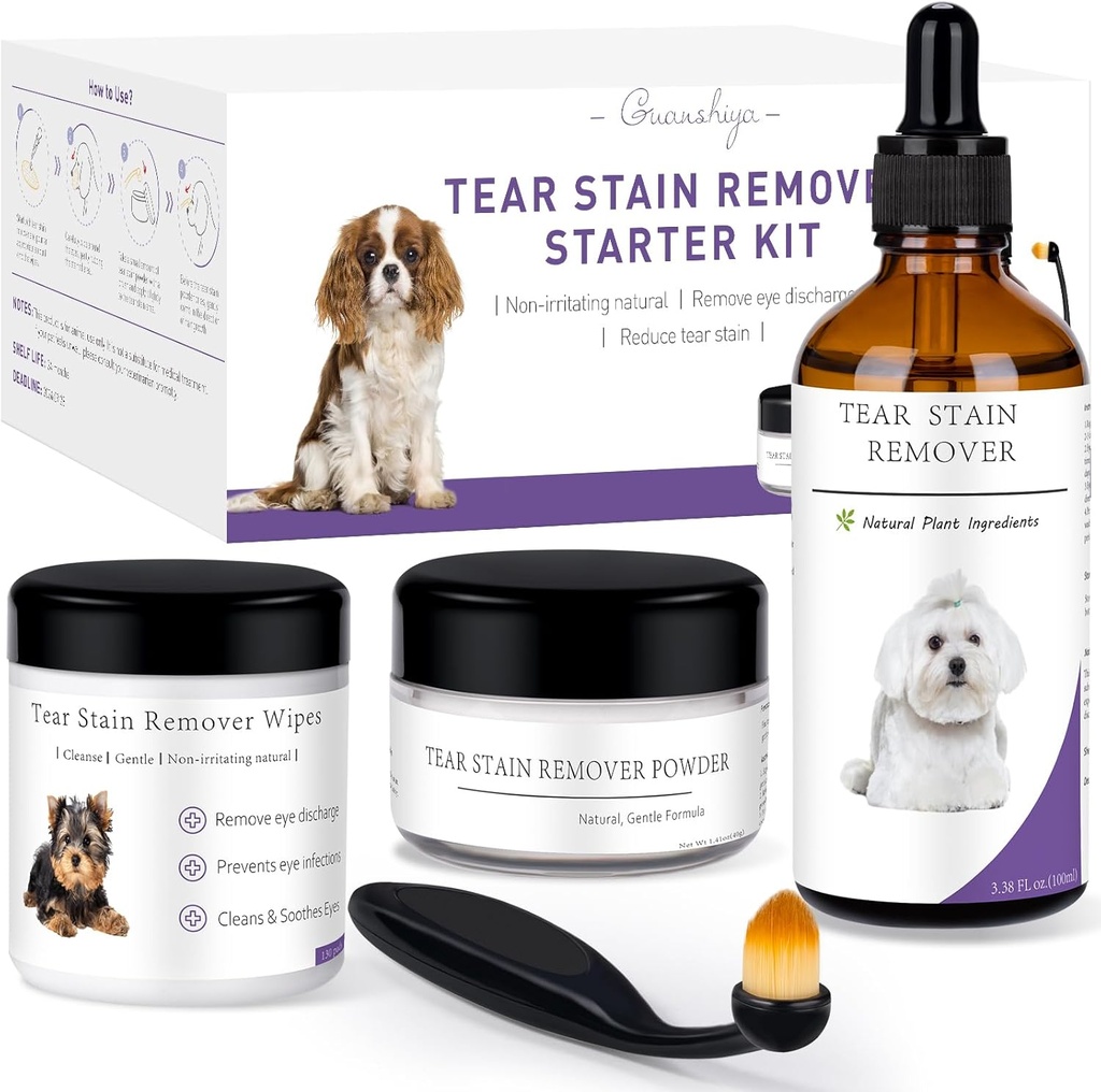 개 눈물 얼룩 제거기 스타터 키트, 와치 하젤 추출, 눈물 Stains 제거, 방전 & Mucus, 포함 얼룩 솔루션, 애플리케이터 닦음, 얼룩 분말 & 브러쉬, 지난 30-45 일