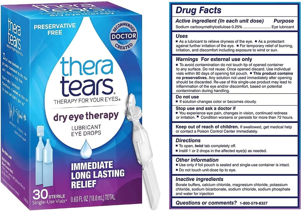 TheraTears 건조한 눈 치료는 건조한 눈, 보존 자유로운 눈 방울, 30의 단 하나 사용 작은 유리병 (3 팩)를 위한 눈 하락을 기름을 발라냅니다