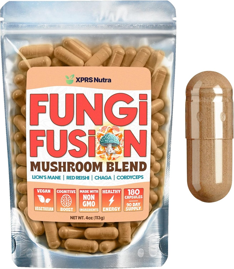 XPRS Nutra Fungi Fusion 버섯 혼합 캡슐 - 180 카운트 (90 일 공급) Lion 's Mane, Reishi, Chaga, Cordyceps 캡슐의 프리미엄 혼합 Mental Clarity, Cognition, Energy 및 Immunity 지원