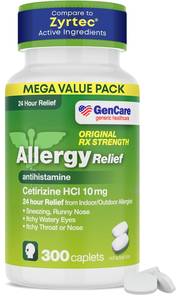 GenCare - Cetirizine HCL 10 mg (300 캡슐) - 24 시간 알레르기 완화 알약 - 비 Drowsy Generic OTC 알레르기 약물 - Sneezing, Runny Nose & Itchy Eyes를위한 항히스타민 약 - 일반적인 Zyrtc