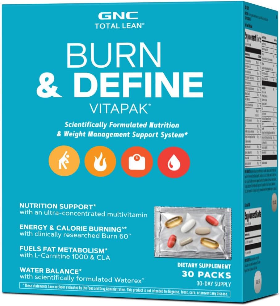 GNC Total Lean Burn and Define VitaPak Program for Men & Women, 5-in-1 Pack for Energy, Weight Management, Calorie Burn, 면역 건강, 물 균형, 30 서빙
