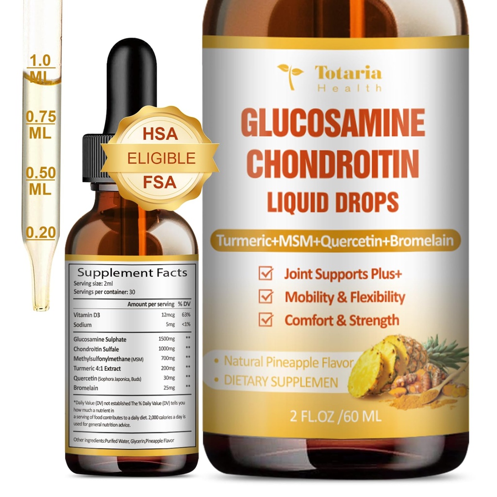 글루코사민 Chondroitin MSM 액체 하락 FSA-HSA - Mobility, Flexibility & Bones Chondroitin 황산염 보충교재 심황, Quercetin, Bromelain, MSM 기름 2 FL.OZ를 위한 합동 지원 보충교재