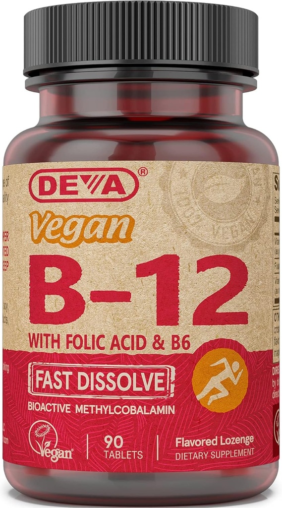 Deva Vegan 비타민 B12 빠른 용해 보충교재 - 1000 Mcg Methylcobalamin B12, Folic 산, B6 - 레몬 맛 - 90의 Dissolvable 정제, 1 팩을 가진 한 번 당 일 복잡한