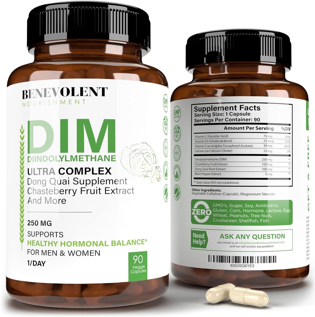 Benevolent Nourishment 최대 힘 DIM 보충교재 250mg – 90 Vcaps Diindolylmethane Ultra Complex 플러스 Chasteberry, Dong Quai 추출물 + 더 많은 것
