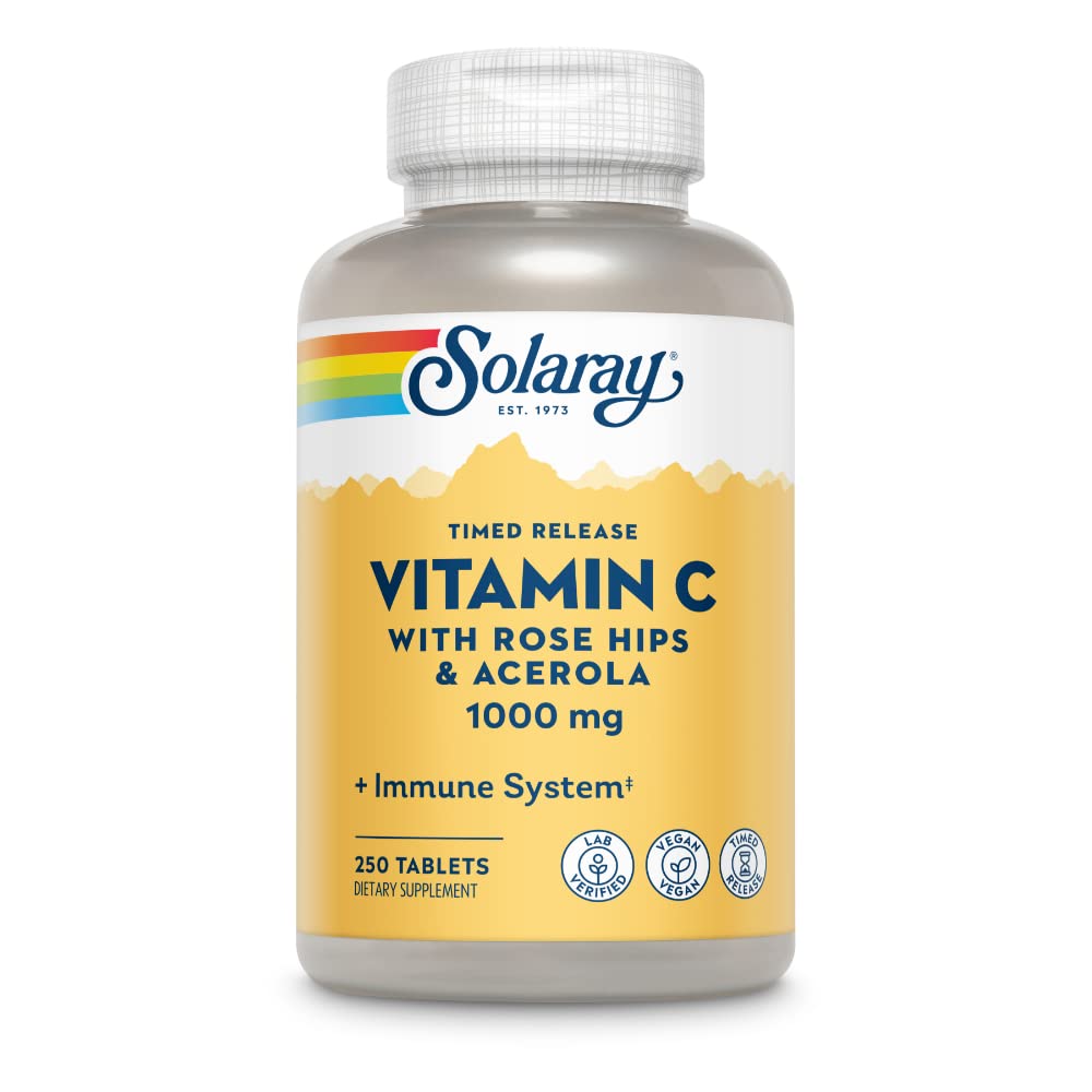 SOLARAY 비타민 C w/Rose HIPS & Acerola | 1000mg | 2단계 Timed-Release 건강한 면역 기능, 피부, 헤어 & 손톱 지원 | 비 GMO | 250ct