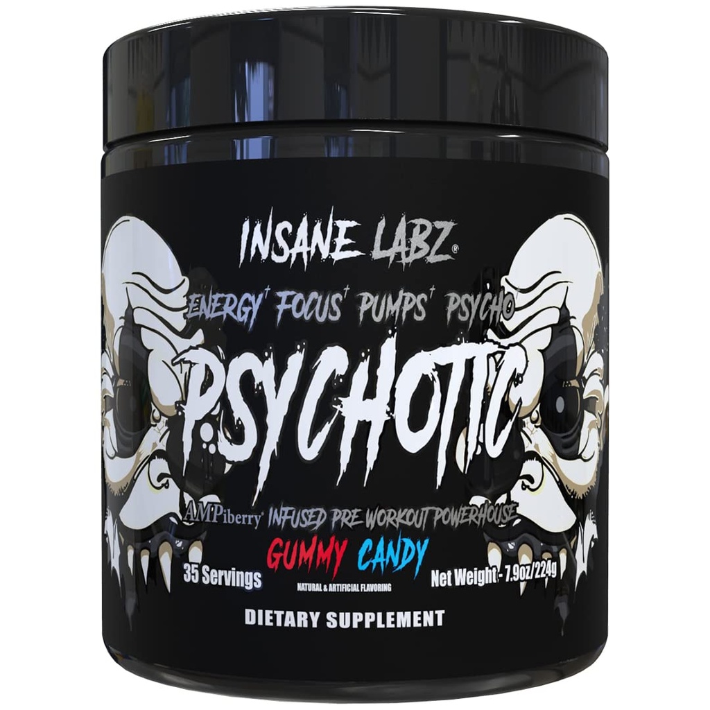 Insane Labz Psychotic Black Edition Mid Stimulant Pre Workout Powder, 에너지 초점 펌프, AMPiberry, 35 서빙 (Gummy Candy)에 의해 연료로 Creatine Beta Alanine Taurine로로드