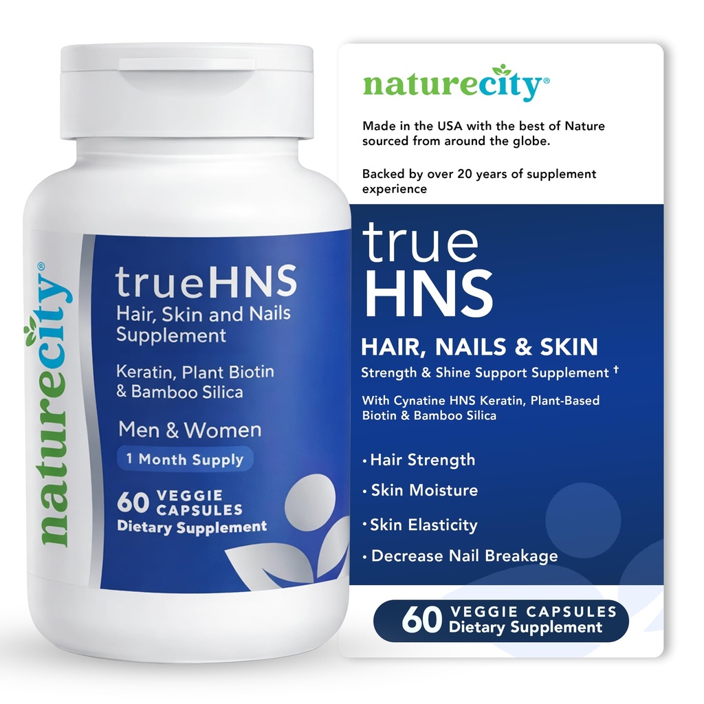 NatureCity True-HNS Hair Nails and Skin Cynatine Keratin 및 Plant Based Biotin Vitamin 보충교재 | Fuller and Stronger Hair and Nails | 비 GMO | 60 Veggie 캡슐