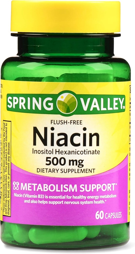 Spring Valley Flush-free Niacin 500 mg 대사 지원, 60의 캡슐 (포장 2)