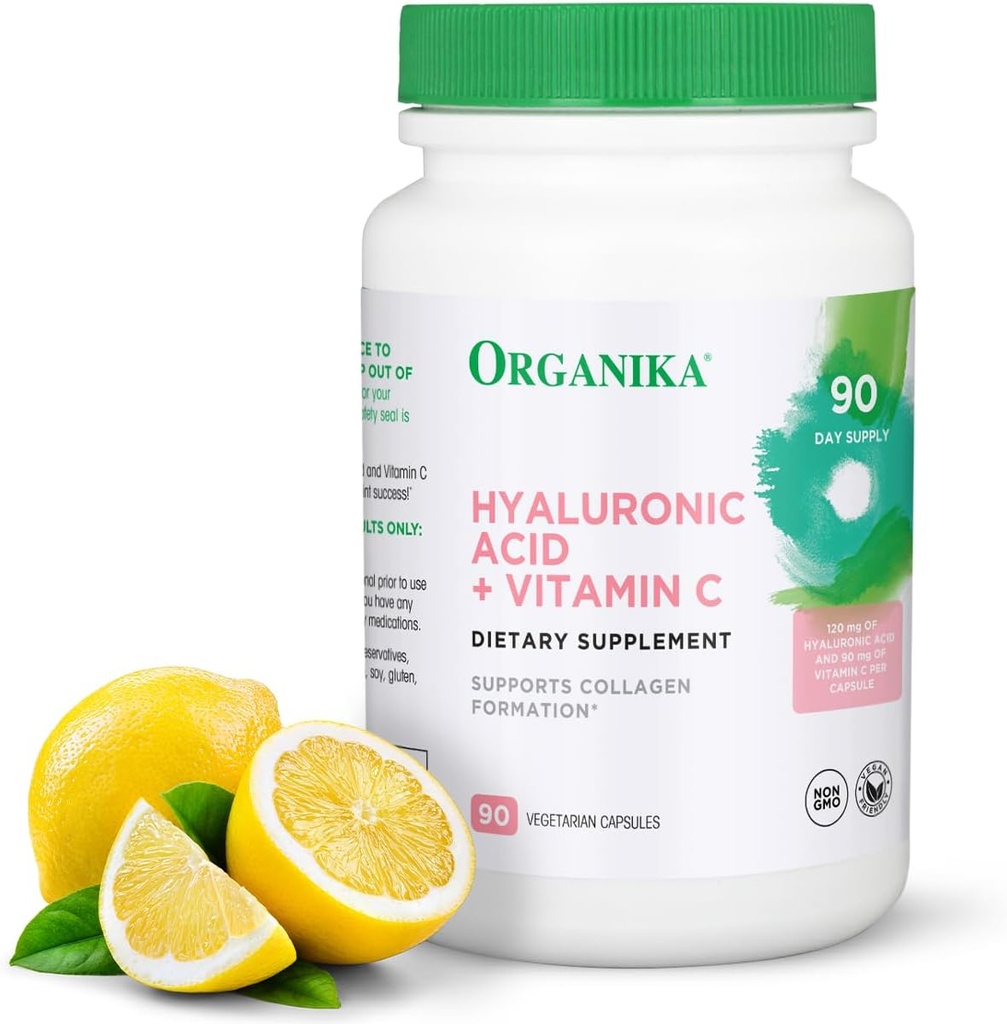 Organika Hyaluronic 산 보충교재 비타민 C (90 식물성 캡슐)를 가진: Symbiotic 합동 Wellness, 교원질, & 피부 Hydration Powerhouse - Mobility & 아름다움을 위한 강화된 Hyaluronic 산 보충교재