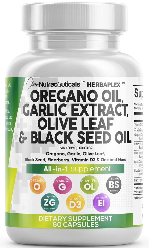 Black Seed Oil Garlic Olive Leaf Extract를 사용한 Clean Nutra Oregano Oil - Oregano Capsules Immune Support Carvacrol & Thymoquinone Supplement for Women and Men + Elderberry 비타민 D3 및 아연