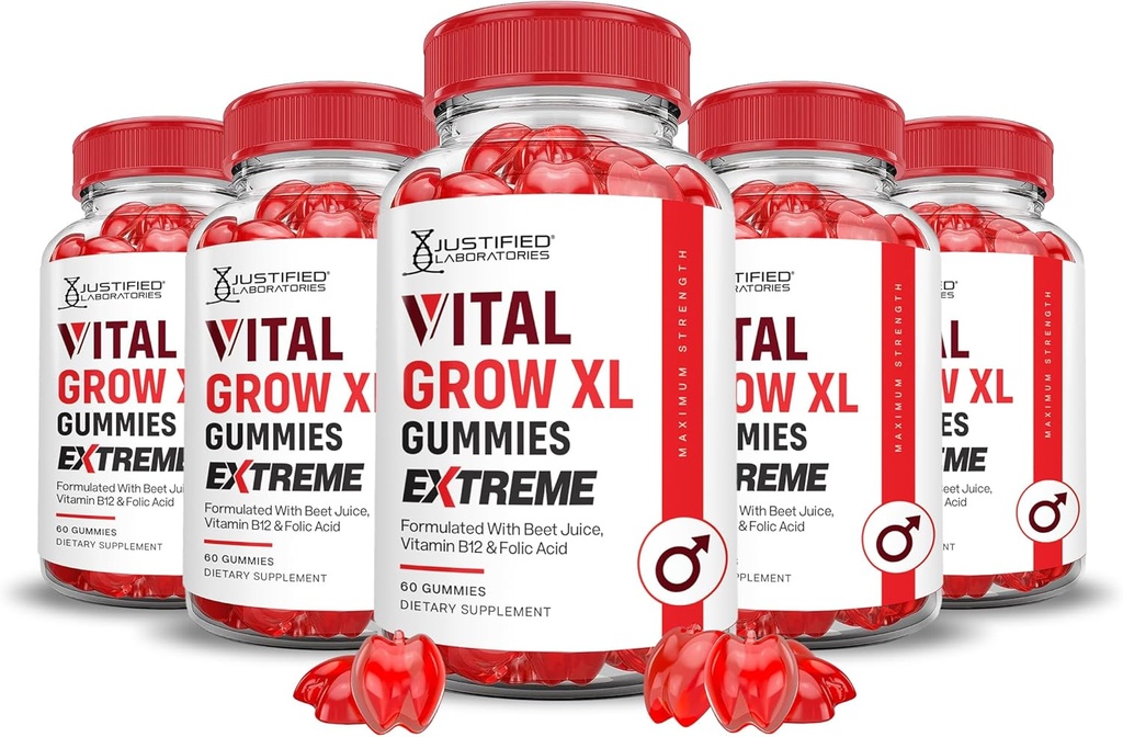 Justified Laboratories (5 팩) Vital은 XL Extreme 2000MG 성능 Gummies 고급 공식을 ACV Pomegranate Beet 주스 분말 B12 Vegan Non GMO 300 거미로 성장