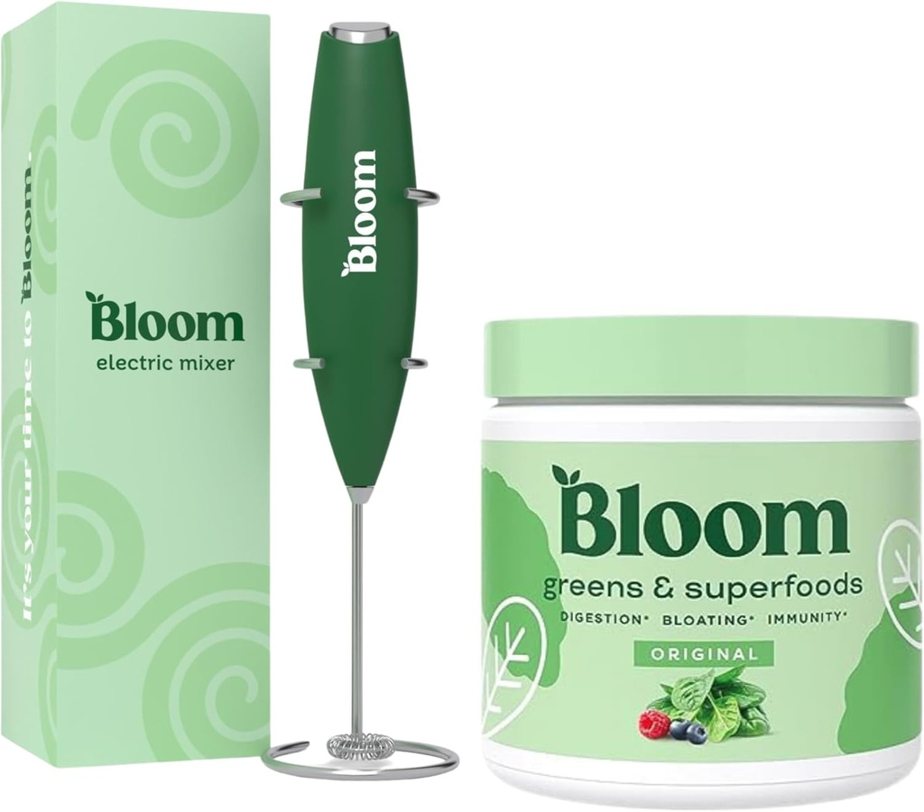 Bloom Nutrition Superfood Greens Powder, Probiotics 및 Prebiotics, Gut Health, Bloating Relief, Original + Milk Frother 고출력 핸드 믹서가있는 소화 효소