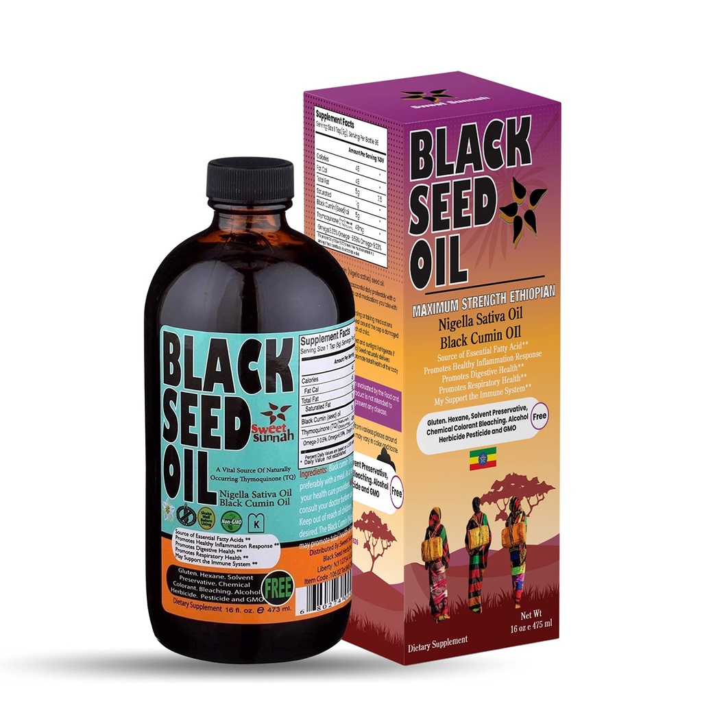 에티오피아 블랙씨 오일 - 3.43% Thymoquinone Cold-Pressed Black Cumin Seed from Pure Nigella Sativa - 처음 보도 Blackseed Non-GMO 개선 - 16 Oz Glass Bottle Sweet Sunnah