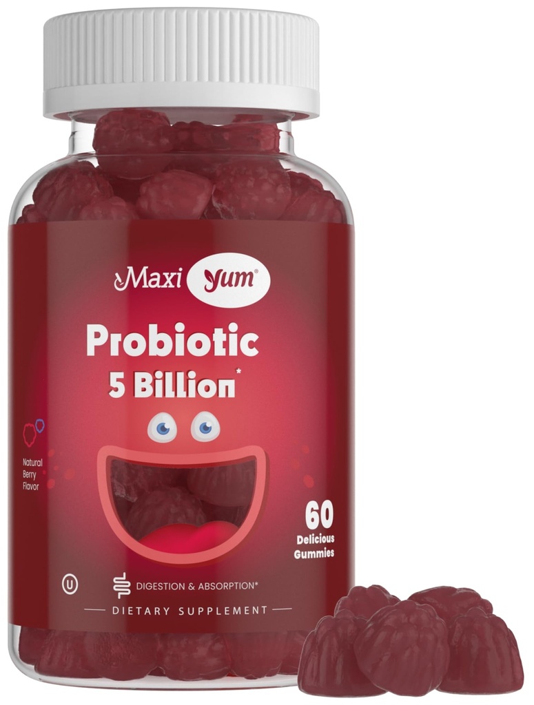 Maxi 건강 Yum, Digestive 건강 Probiotics의 5 억 CFUs와 Probiotic Gummies, Kosher 인증 천연 Berry 맛 Gut 건강 Chewable Gummy 보충제 남성 및 여성, 60 Gummies