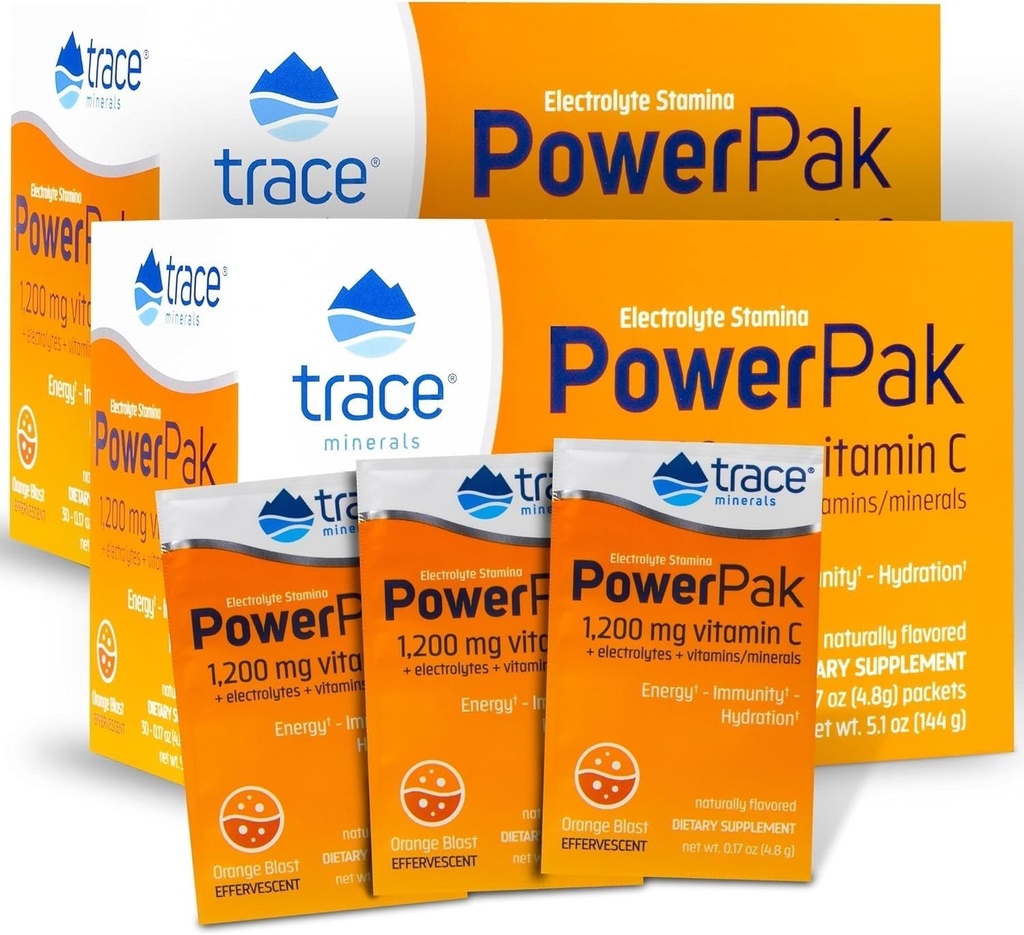 Trace Minerals | Power Pak Electrolyte Powder Packets | 1200 mg 비타민 C, 아연, 마그네슘 | Boost Immunity, Hydration and Natural Energy | 오렌지 블래스트 | 60 패킷