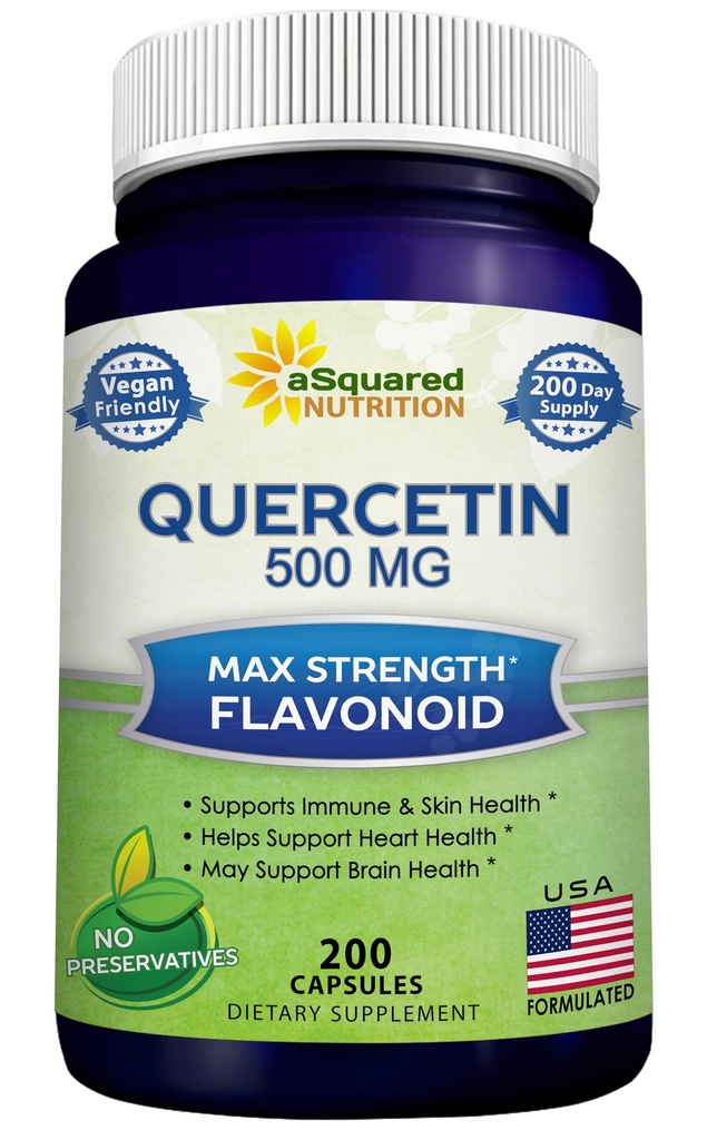 aSquared 영양 Quercetin 500mg 보충교재 - 200의 캡슐 - 심장 혈관 건강을 지원하기 위하여 Quercetin Dihydrate - 면역 반응을 개량하는 최대 힘 분말 복잡한 알약