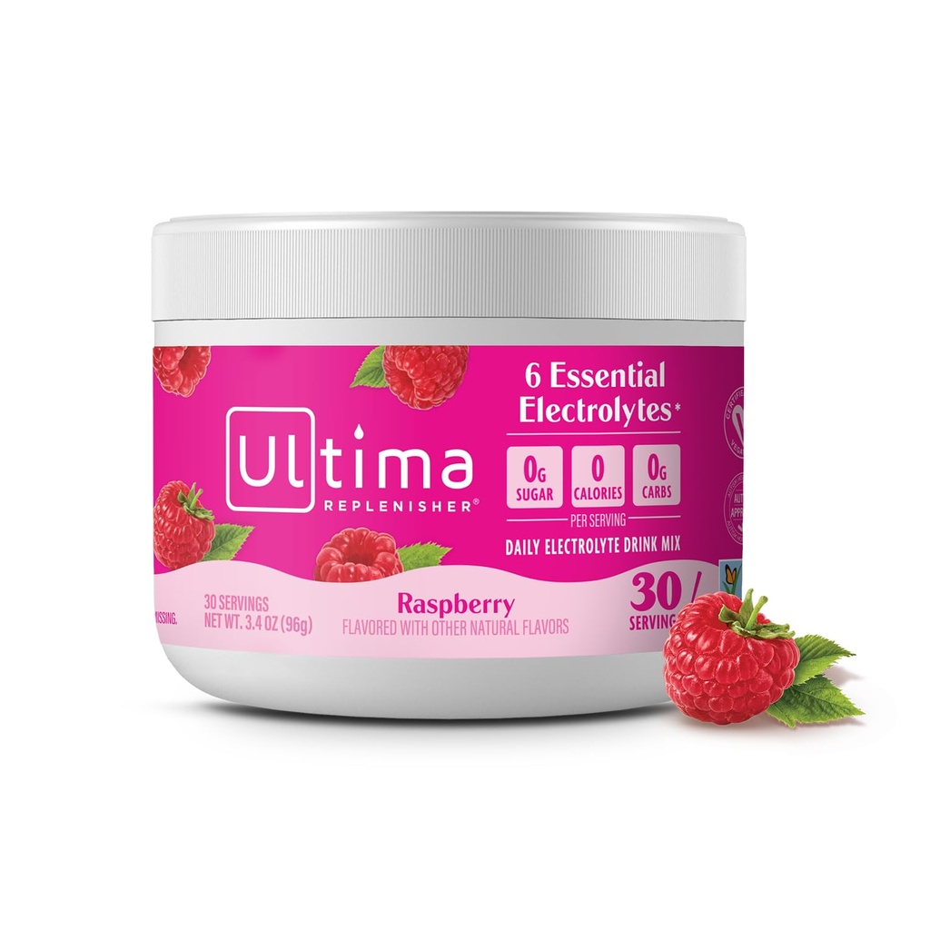 Ultima Replenisher Daily Electrolyte Powder Drink Mix - Sugar Free - Raspberry, 30 서빙 - 6 키 Electrolytes 및 Trace Minerals와 Hydration Powder - Keto Friendly, Vegan, Non-GMO