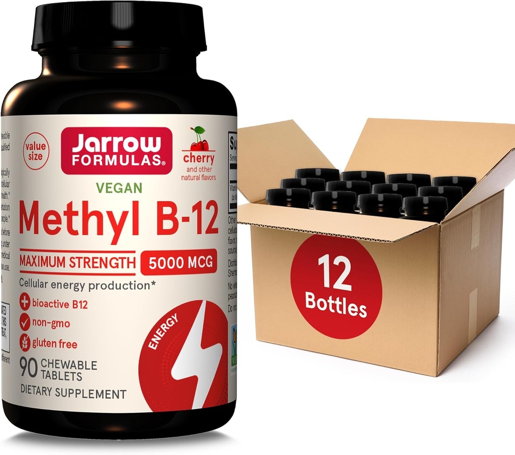 Jarrow 공식 최대 힘 메틸 B-12 5000 mcg 규정식 보충교재 - 90 체리 Chewable 정제 - 생물 활성 비타민 B-12 - 셀룰러 에너지 생산, 수면 & 두뇌 건강 (12의 포장)를 지원합니다