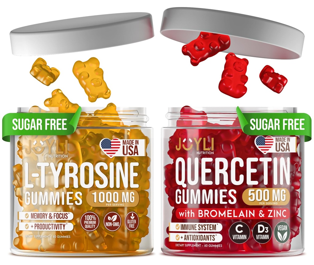 L-Tyrosine Gummies + Quercetin Gummies - L 티로신 보충교재, 비타민 C를 가진 Quercetin - 초점 Gummies 및 면역성이 있는 지원 Gummies - 아이 Gummies를 위한 60 L 티로신, 아연 Gummies를 가진 60 Quercetin