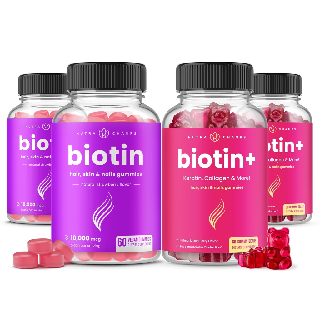 NutraChamps Biotin 및 Biotin +. 머리, 피부 및 손톱을위한 완벽한 듀오. Biotin, 교원질, 케라틴 및 더 많은 것