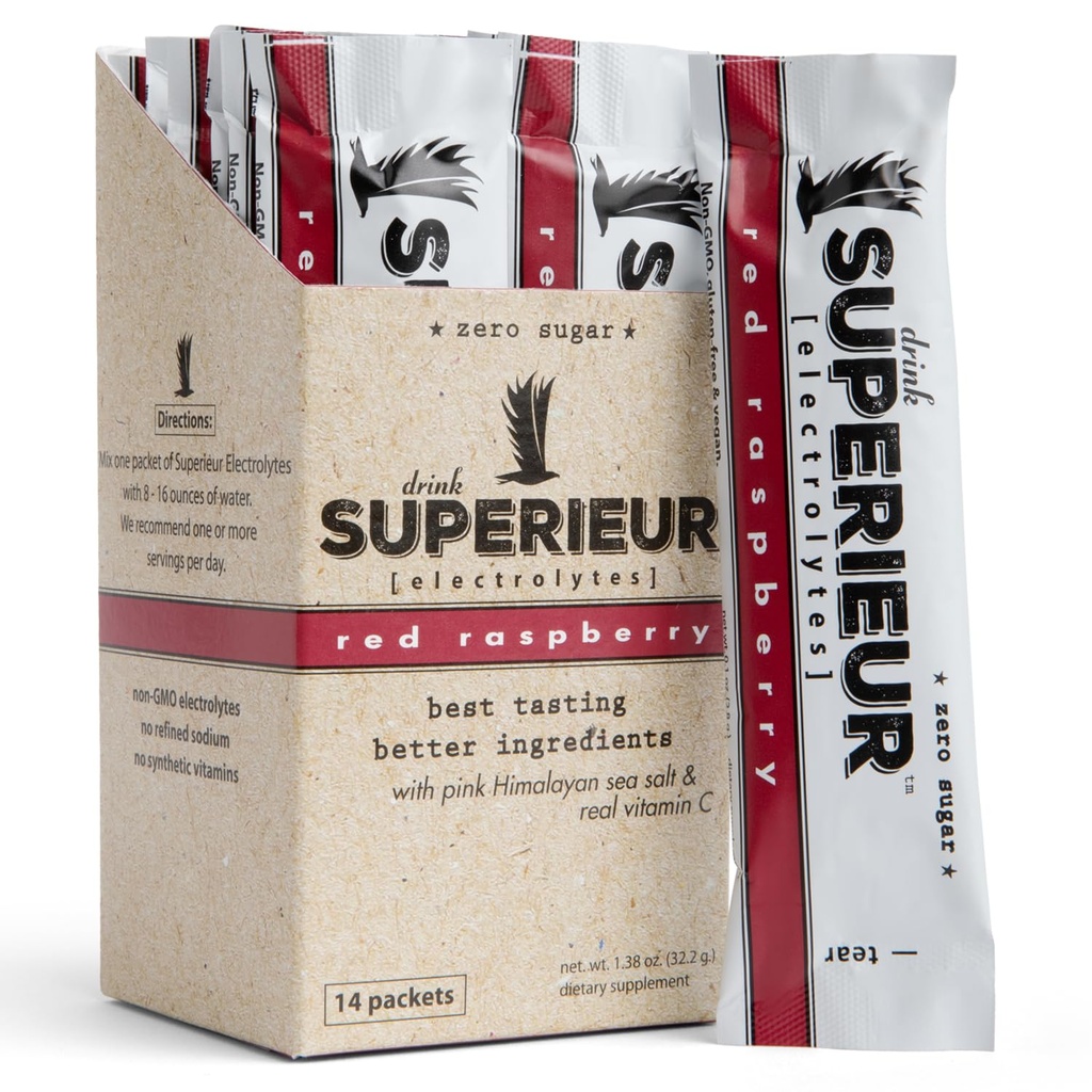 Superieur Electrolyte Powder Packets - Vegan Electrolyte Hydration Powder w/Sea Minerals - Keto Friendly, Non-GMO, Zero Sugar Electrolyte 보충 - 건강한 스포츠 음료 - 라즈베리 (14 패킷)