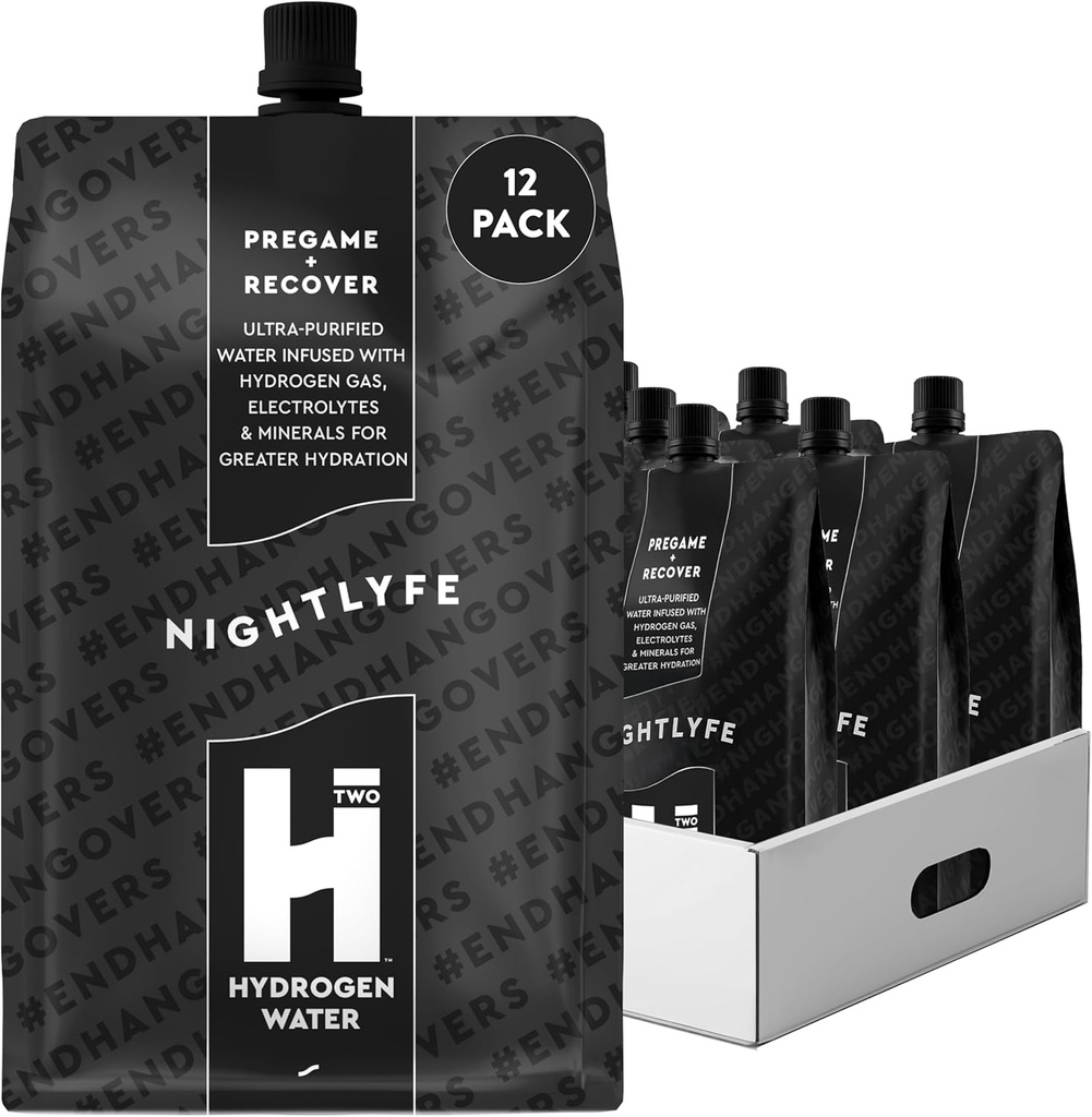 HTWO Nightlyfe Recovery, 16.9oz 프리미엄 수소는 Electrolytes, 비타민 및 미네랄, 12 팩, 복구 및 정신 명확성을위한 기능성 수소 패킷을 주입, 설탕 무료