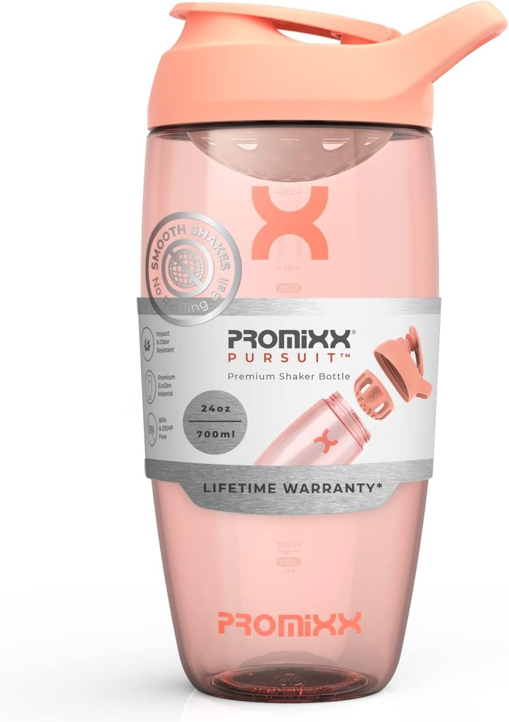 Promixx Pursuit Protein Shaker Bottle (24 oz) - Silent No-Ball 믹서, 누출 방지 뚜껑, BPA / BPS 및 Phthalate-Free ECOZEN - 단백질 쉐이크, Pre & Post-Workout 스무디를위한 쉬운 청소 셰이커 컵