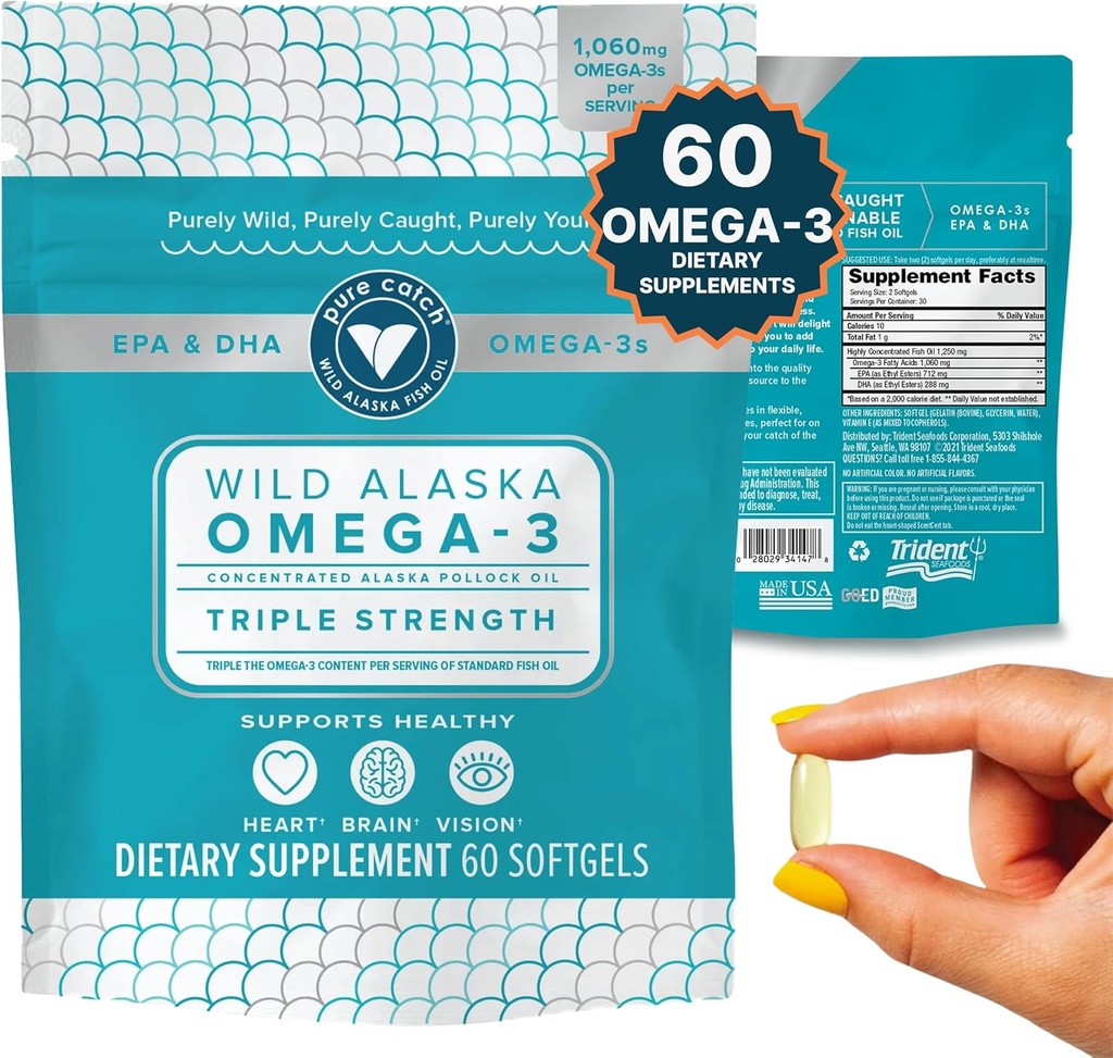 Trident 해산물 순수한 캐치 야생 알래스카 물고기 기름 1060mg 트리플 강도 Omega-3 물고기 기름 여자와 남자를 위한 보충교재 - EPA와 DHA - 60 Ct. 매일 감귤류 연약한 젤은 심장, 뇌 및 시각을 지원합니다