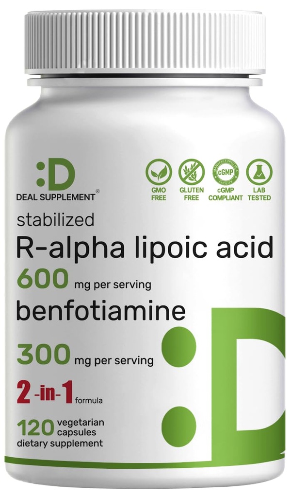 DEAL SUPPLEMENT R 알파 Lipoic 산 600mg Benfotiamine 300mg, 120 Veggie 캡슐 - 캡슐 당 200mg R-ALA - 에너지 & 신경 시스템 지원을 위한 산화 방지제 보충교재