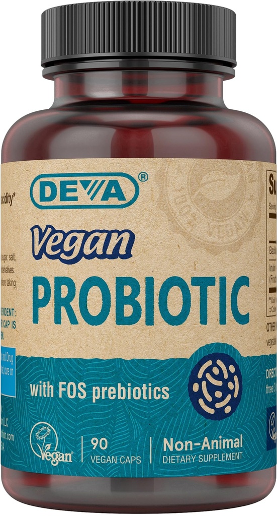 FOS Prebiotics 보충교재를 가진 DEVA Vegan Probiotic - 남자 & 여자를 위한 서빙 당 100 MG를 가진 2억 CFU - 비 건조한 글루텐 자유로운 - 자연적으로 선반 안정 - 90의 캡슐