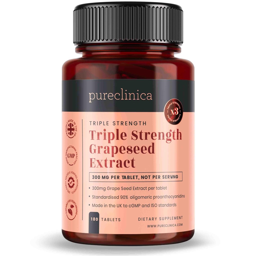 순수 클리닉 포도 씨앗 추출물 300mg x 180 정제 - 90 % Oligomeric Proanthocyanidins. 정규적인 포도씨 보다는 더 강한 300%.