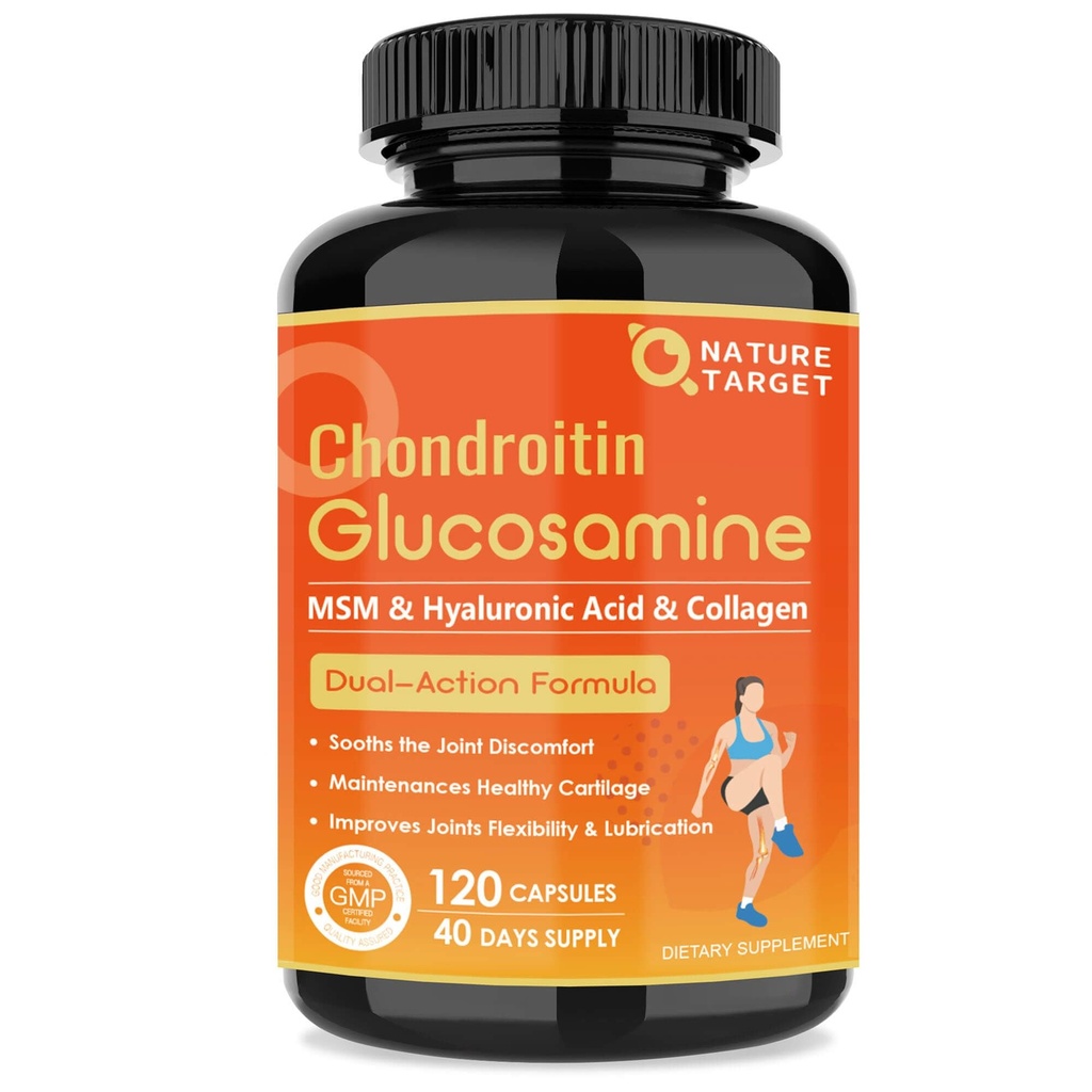NATURE TARGET Glucosamine Chondroitin Joint Support Supplement - MSM, Collagen, Turmeric, Shellfish 무료, 합동, 무릎, 연골, 남자 및 여자, 120 모자 플러스