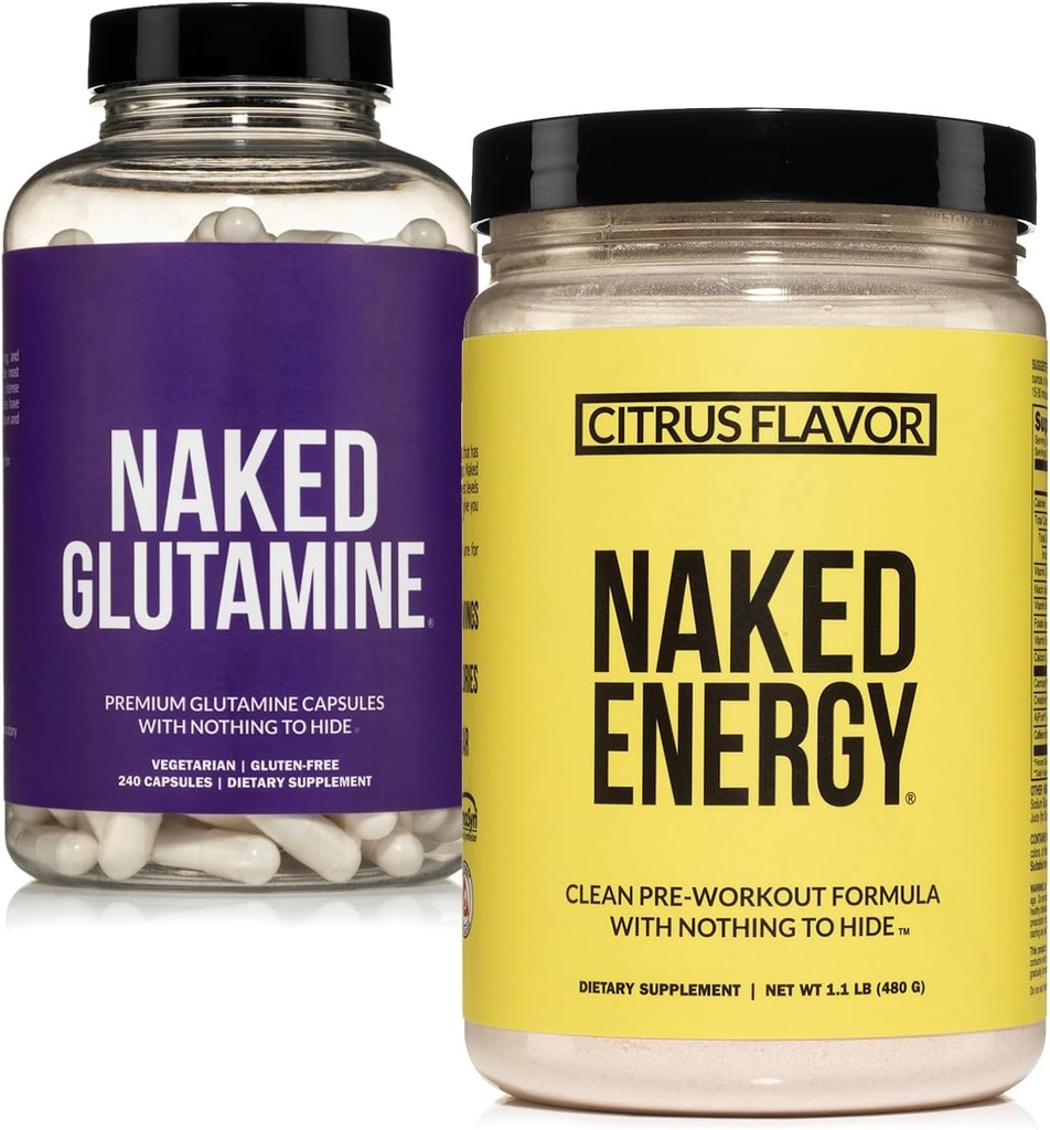 벌거 벗은 Vegan Energizing 근육 회복 뭉치: 벌거 벗은 Citrus 에너지와 240 Naked L 글루타민 캡슐, 1000mg