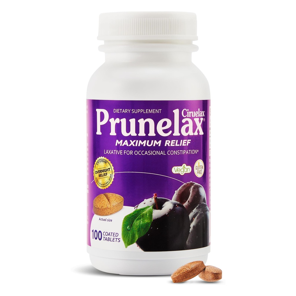 Prunelax Ciruelax Occasional Constipation, Senna Extract, Vegan & Gluten-Free, Gentle Overnight Relief - 100ct에 대한 천연 Senna와 최대 릴리프 Laxative 정제