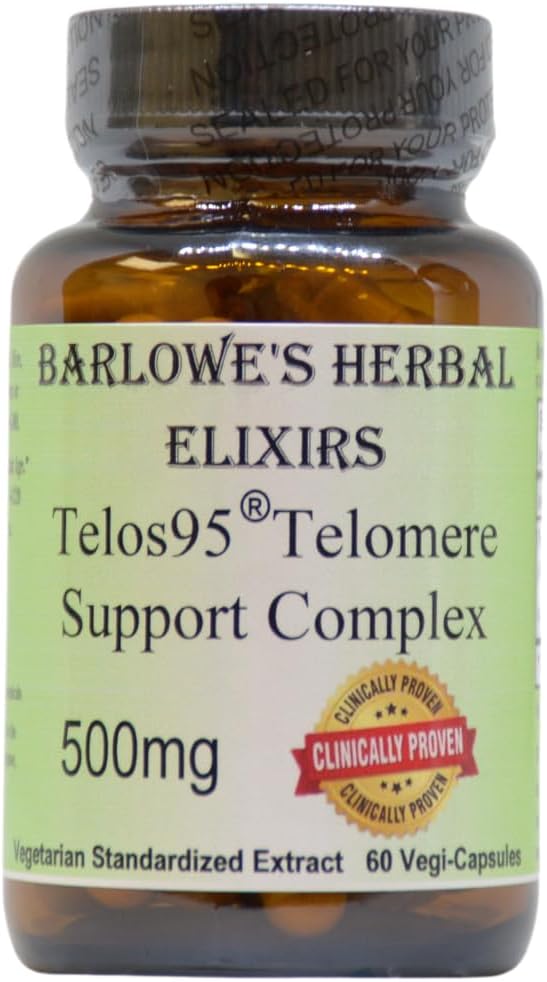 Barlowe 's Herbal Elixirs Telos95® Telomere Support Complex | 고급 셀룰러 건강 및 장수 포뮬러 | Astragalus Extract 500mg | Non-GMO, Stearate-Free, Glass Bottled