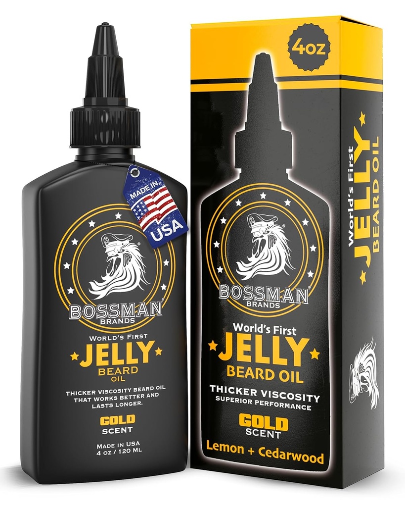 Bossman Jelly Beard Oil for Men (4 oz, Gold Scent) – 연화, 천연 성분으로 습기를 공급 & 조건