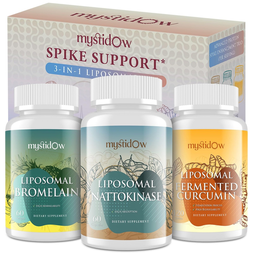 스파이크 지원 트리오 | Liposomal Nattokinase 8000 FU 500mg, Bromelain 1150 mg & Fermented Curcumin 1800 mg | 높은 효능, 향상된 흡수 포뮬러 | 면역, 심장 및 순환| 60 서빙