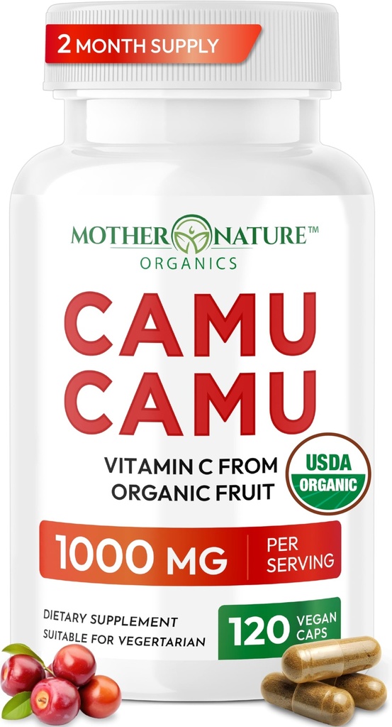 Camu Camu 캡슐에서 유기 비타민 C 1,000mg, 자연 VIT C로 포장, 익지않는 산화제 - 피부를 위한 면역 지원 보충교재 & 노화 방지 - 분말 유기, Vegan, 비 GMO (120 조사)