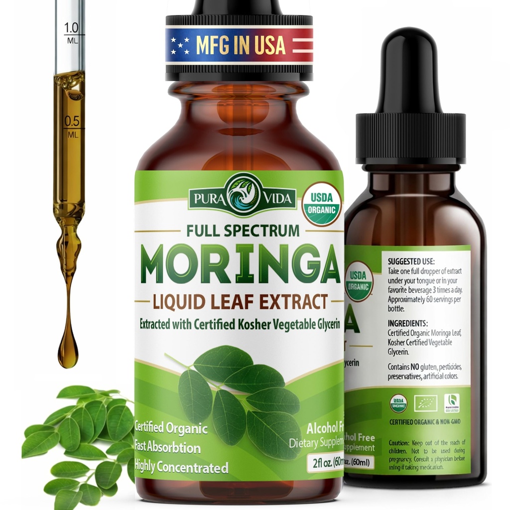PURA VIDA MORINGA 잎 추출물 액체 하락 - 증명되는 USDA 유기 - Moringa 분말 또는 캡슐 보다는 높게 순화된, 생물 가능하고 더 빠른 흡수 - 단 하나 근원 Moringa Oleifera 잎 추출물